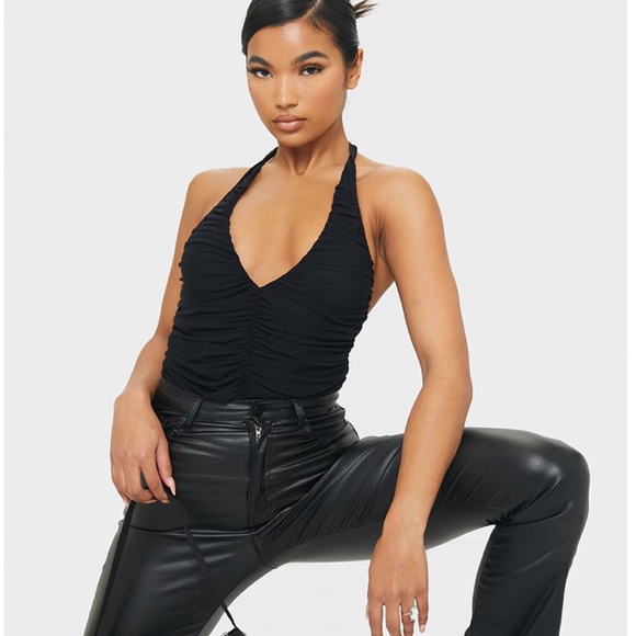 Black Mesh Ruched Plunge Halterneck Bodysuit - Picture 2 of 2